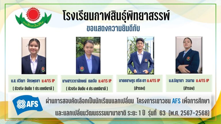 ขอแสดงความยินดีกับนักเรียนโรงเรียนกาฬสินธุ์พิทยาสรรพ์ ที่ผ่านการคัดเลือกเป็นนักเรียนแลกเปลี่ยน โครงการเยาวชน AFS เพื่อการศึกษาและแลกเปลี่ยนวัฒนธรรมนานาชาติ ระยะ 1 ปี รุ่นที่ 63 (พ.ศ. 2567-2568)