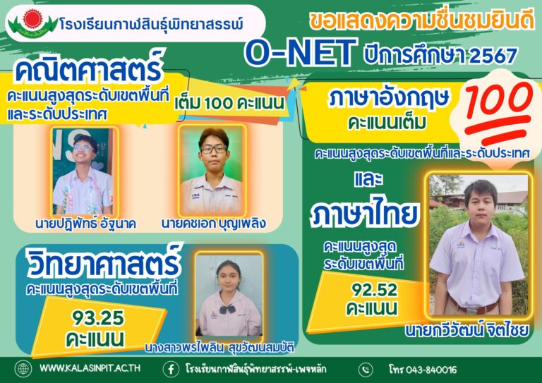 ขอแสดงความยินดีกับนักเรียนโรงเรียนกาฬสินธุ์พิทยาสรรพ์ในการสอบ O-NET ระดับชั้นมัธยมศึกษาปีที่ 3