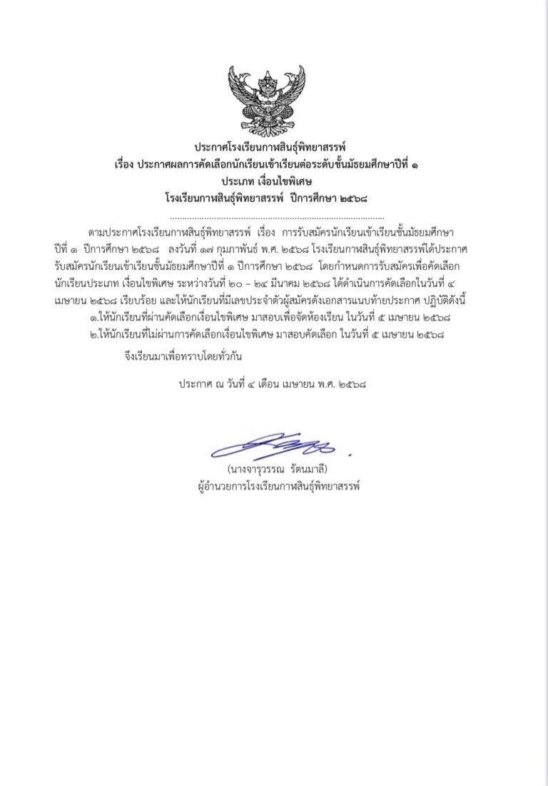 ประกาศโรงเรียนกาฬสินธุ์พิทยาสรรพ์ เรื่อง รายชื่อผู้ผ่านการคัดเลือกเข้าเรียนต่อชั้นมัธยมศึกษาปีที่ 1