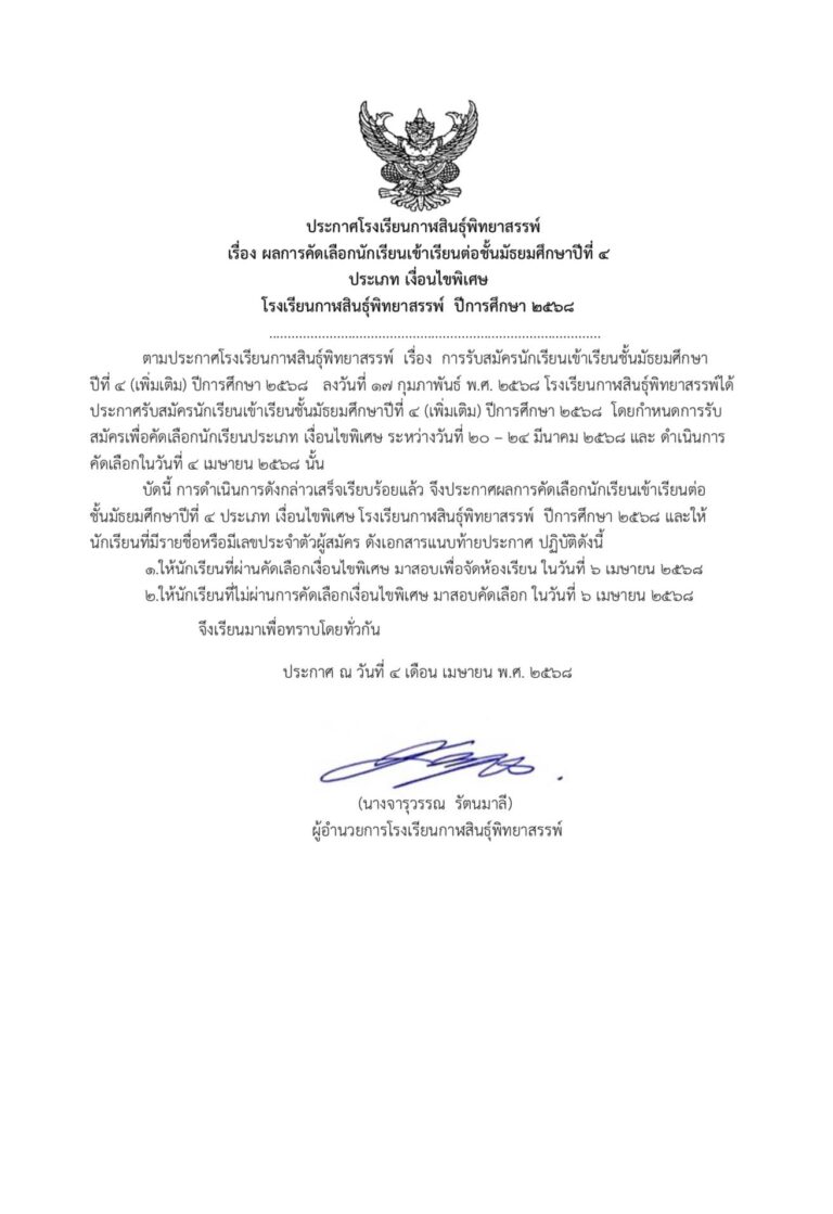 ประกาศโรงเรียนกาฬสินธุ์พิทยาสรรพ์ เรื่อง รายชื่อผู้ผ่านการคัดเลือกเข้าเรียนต่อชั้นมัธยมศึกษาปีที่ 4