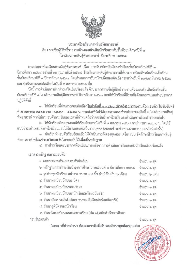ประกาศรายชื่อรายงานตัวและมอบตัวนักเรียนชั้นมัธยมศึกษาปีที่ 1 โรงเรียนกาฬสินธุ์พิทยาสรรพ์ ปีการศึกษา 2568