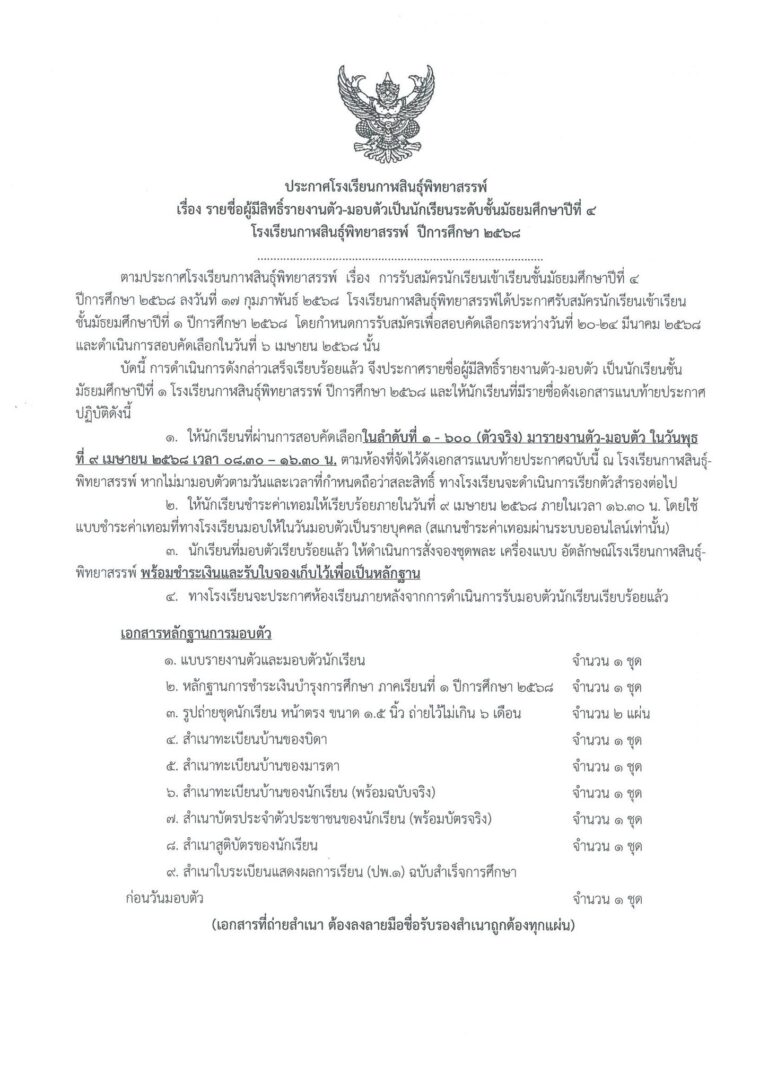 ประกาศรายชื่อรายงานตัวและมอบตัวนักเรียนชั้นมัธยมศึกษาปีที่ 4 โรงเรียนกาฬสินธุ์พิทยาสรรพ์ ปีการศึกษา 2568