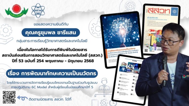 คุณครูชุมพล ชาลีแสน ได้รับการตีพิมพ์ในนิตยสาร สถาบันส่งเสริมการสอนวิทยาศาสตร์และเทคโนโลยี(สสวท.) ปีที่ 53 ฉบับที่ 254 พฤษภาคม – มิถุนายน